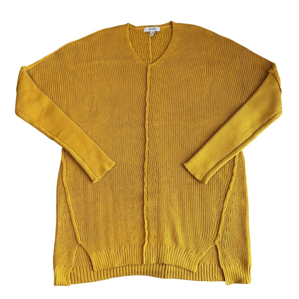 Cherfly Womens Mustard Yellow Knit‎ Sweater Tunic Dress V Neck Medium M Pullover